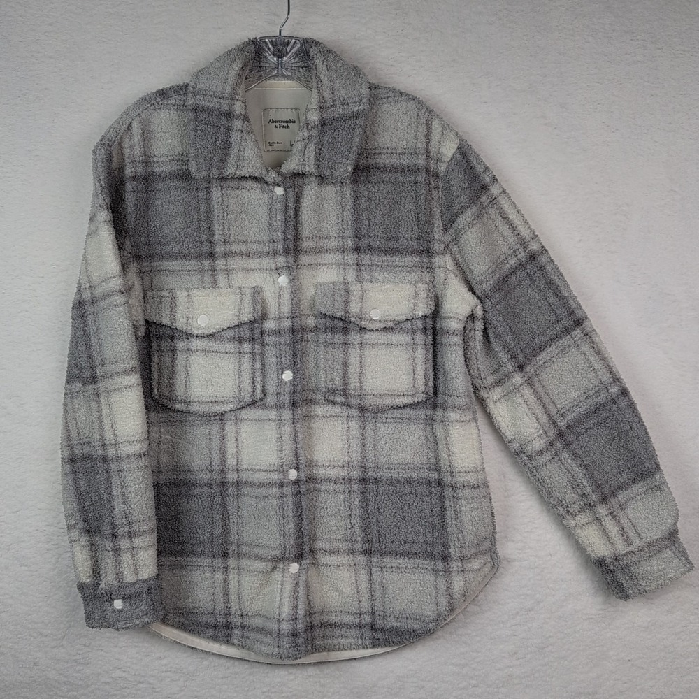 Abercrombie & Fitch Women's Small Shacket Gray Plaid Sherpa Teddy Bear